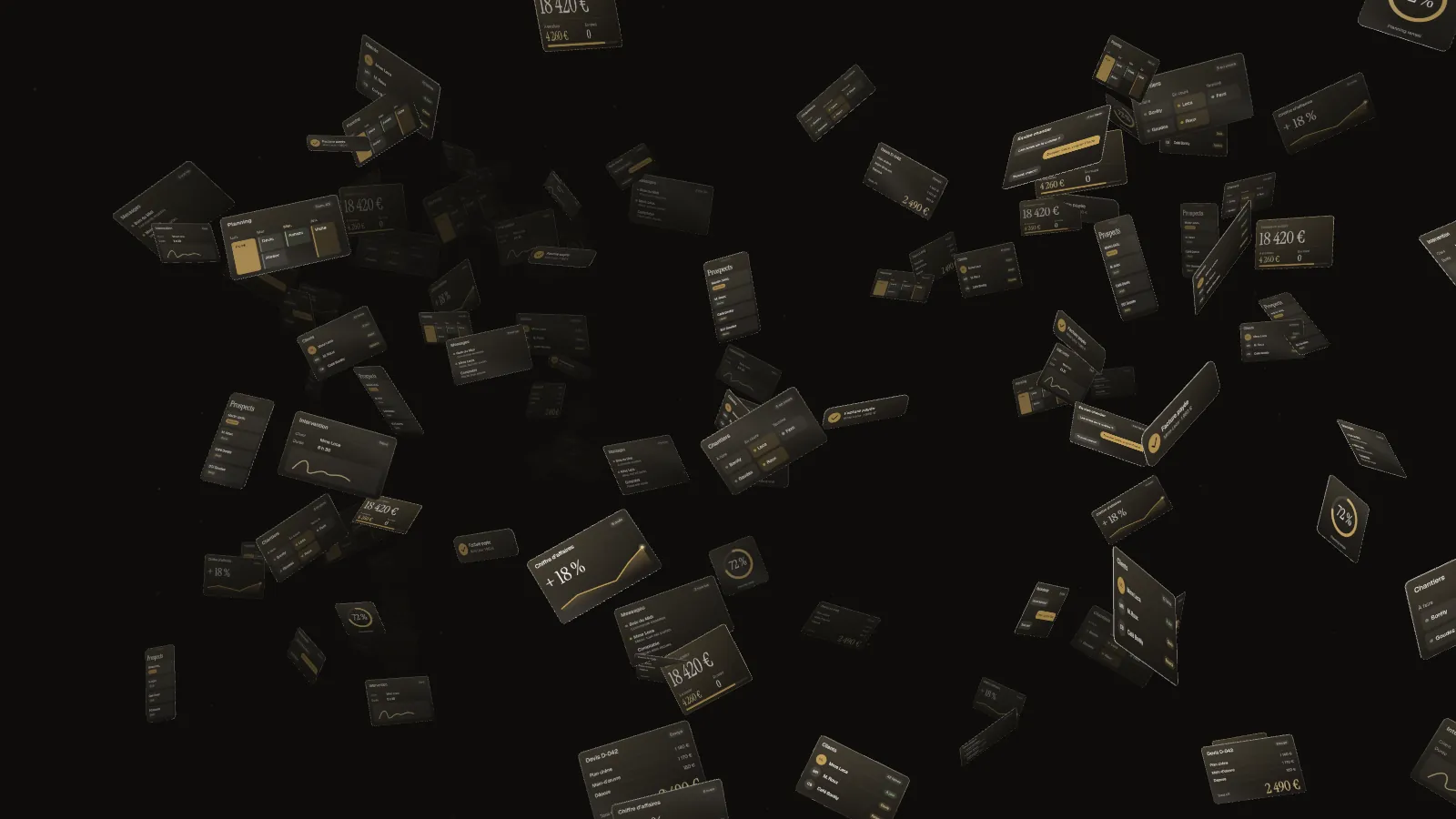 Des dizaines de fragments d’écrans, de documents et de messages flottent en désordre dans le noir.